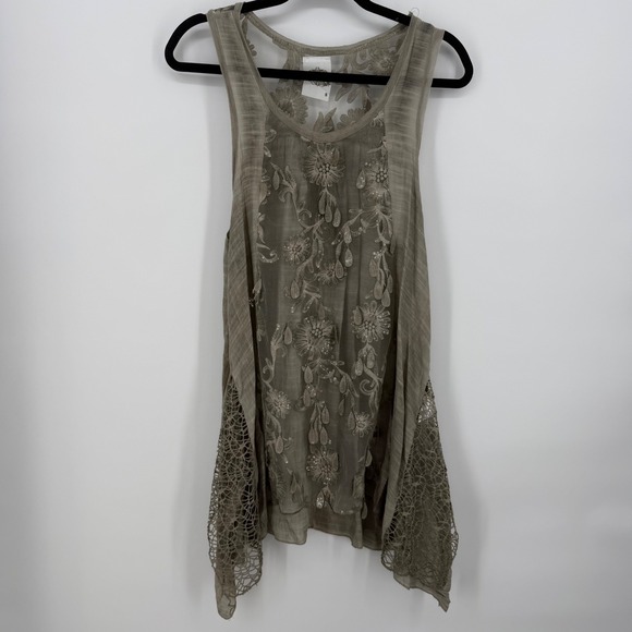 Fleur de Lis Tops - Fleur de Lis Tank Top Women Small Sage Embroidered Sequin Boho Festival Sheer